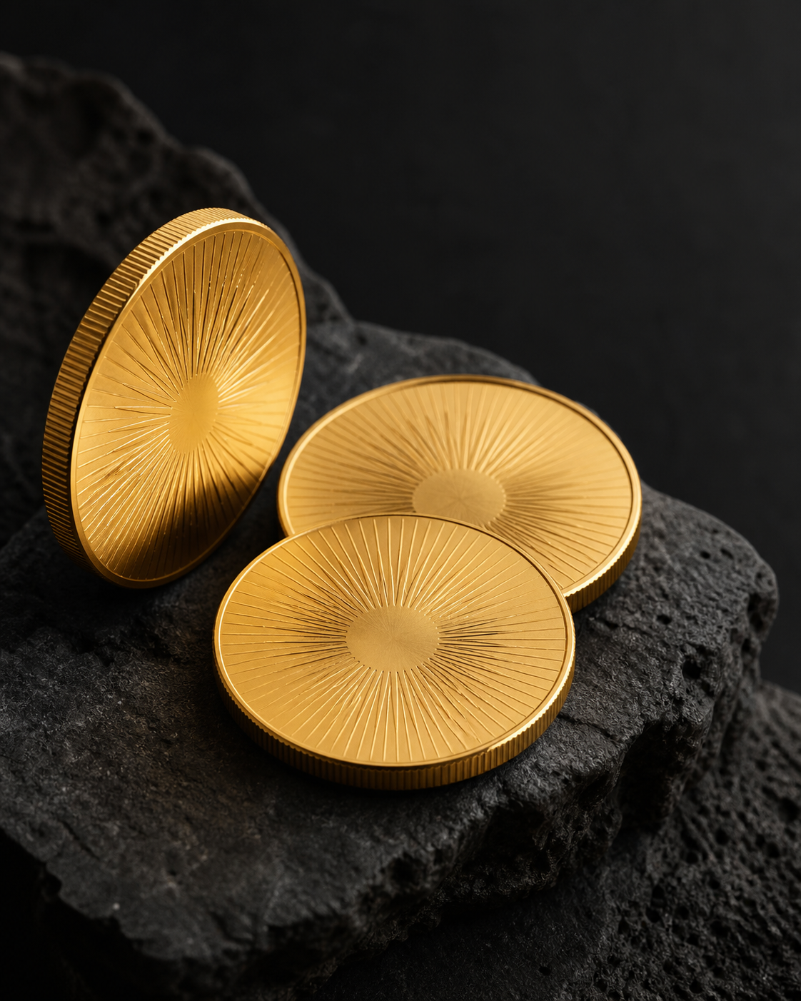 Three refined gold coins arranged on black basalt