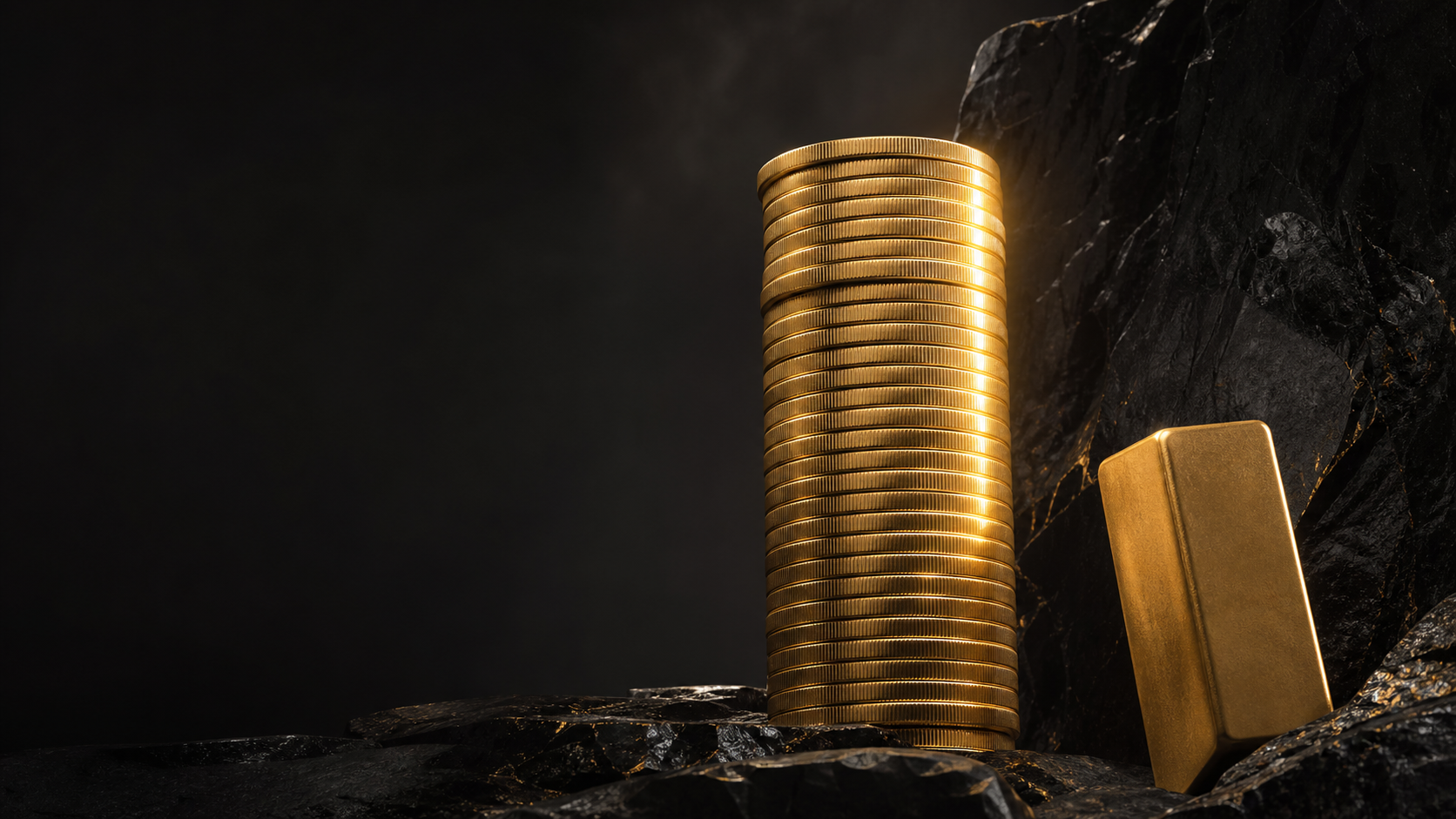A monumental stack of refined gold coins in a black mineral landscape