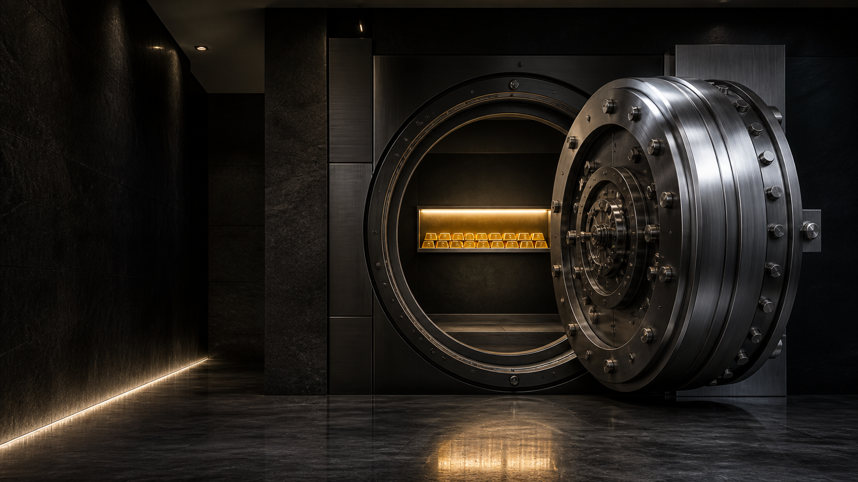 A private high-security precious-metals vault with an open engineered steel door